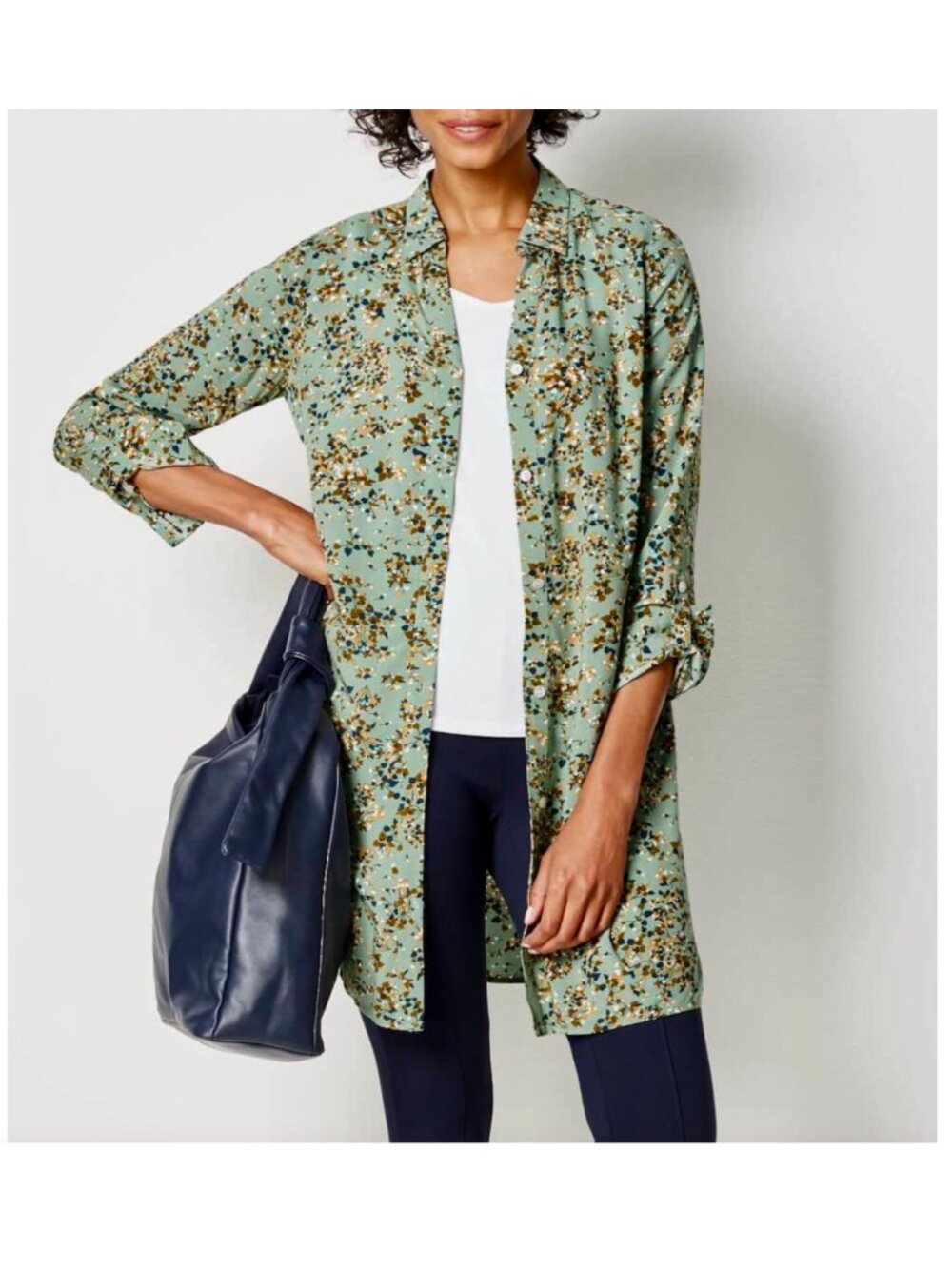 J. JILL Sage Green Floral Rayon Tunic Shirt Roll Tab Sleeve Size M